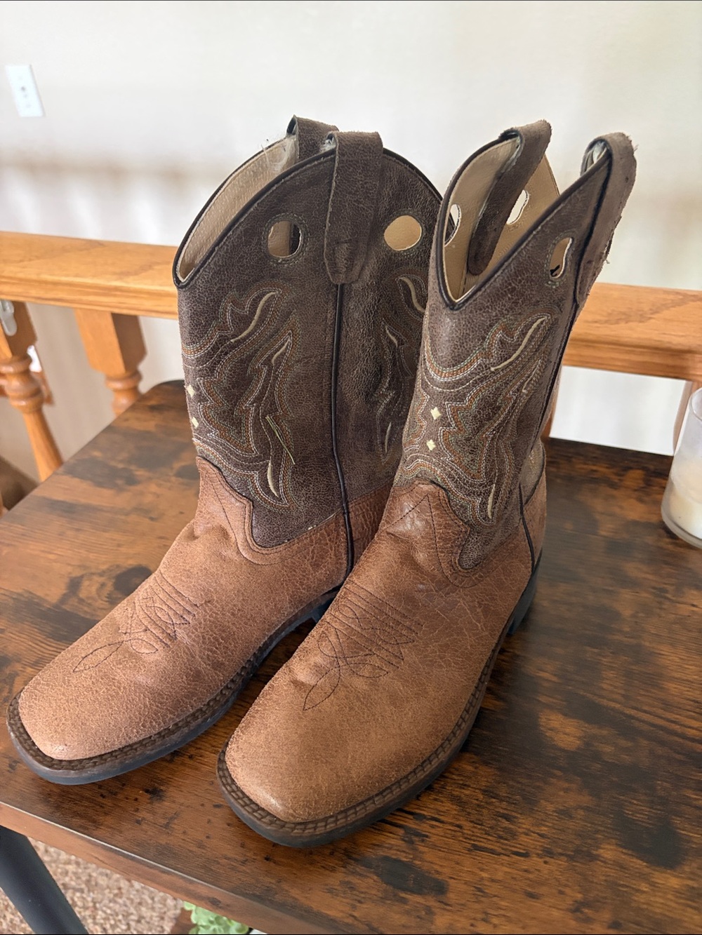 Kids Old West Brown Leather Square Toe Cowboy Boots Western Style